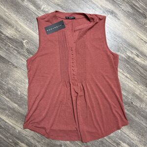 Storybuk Sleeveless Blouse Top Women L Boho Pleated Button Tunic Rust